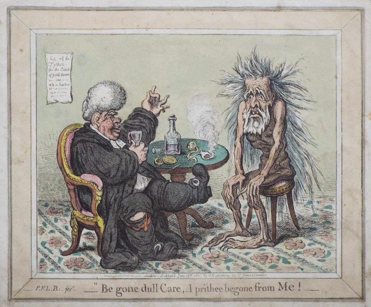 Etching - Be gone dull Care, I prithee begone from Me ! - Gillray